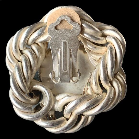 Vintage Laura Vogel silver twist green dome glass round clip earrings - Picture 6 of 7